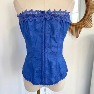 Frederick's of Hollywood Blue Damask Lace Trim Corset Top 36 Coquette Boudior